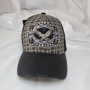 Eagle Embroidered Trucker Cap Woven Design & Mesh Back Gray/Black USA Headwear